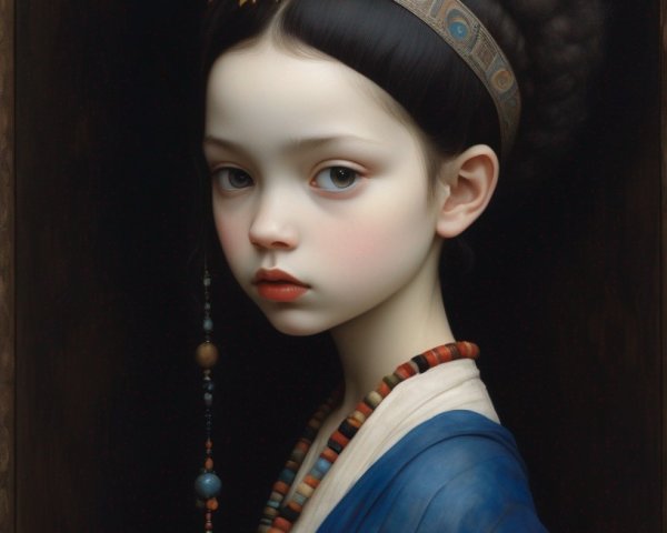 Portrait of a girl in blue garment with yellow flower and beads