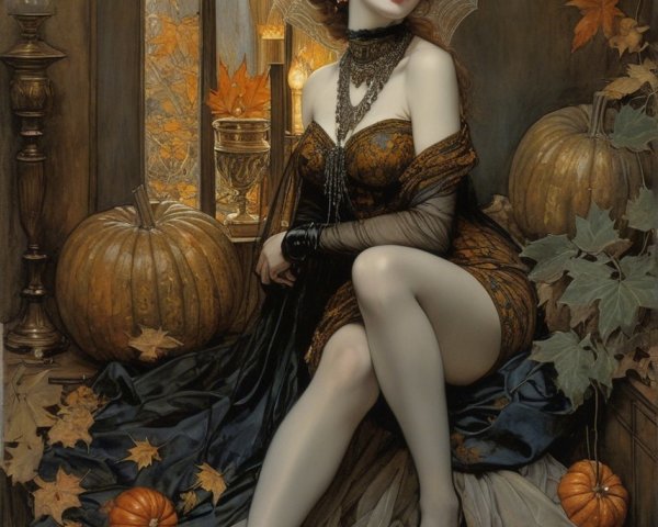 Glamorous Woman in Vintage Gown Amidst Autumn Decor