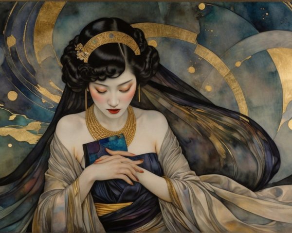 Serene woman in elegant attire with colorful book