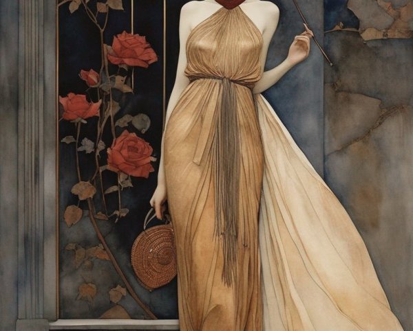 Elegant Woman in Golden Dress with Parasol Illustration