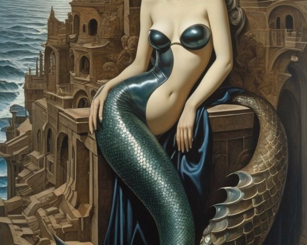 Mermaid with Dark Hair in Twilight Sky Against Classical Architecture