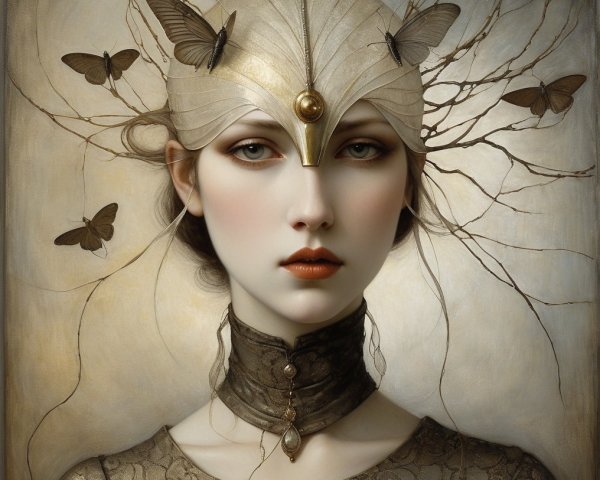 Portrait of a Woman with Ethereal Headpiece and Butterflies