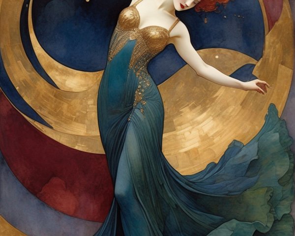 Art Nouveau Style Illustration of Red-Haired Woman in Teal Gown