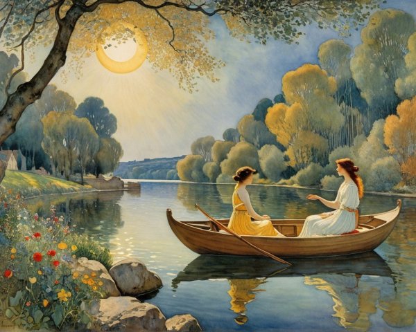 Women in a boat on a serene river with trees
