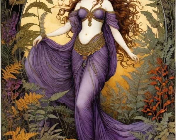 Art Nouveau Woman in Purple Garments with Ferns