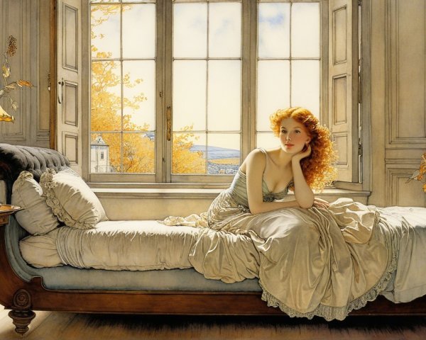 Young Woman in Vintage Lounge Surrounded by Autumn Foliage