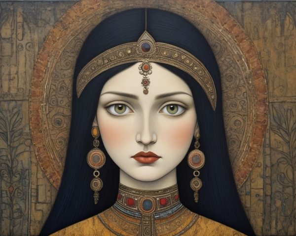 Illustration of a woman with ornate headdress and jewelry
