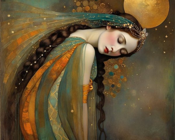 Serene Woman in Teal and Gold Under Luminous Moon