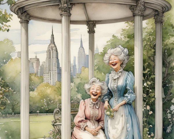 Elderly Women Laughing in Ornate Garden Gazebo