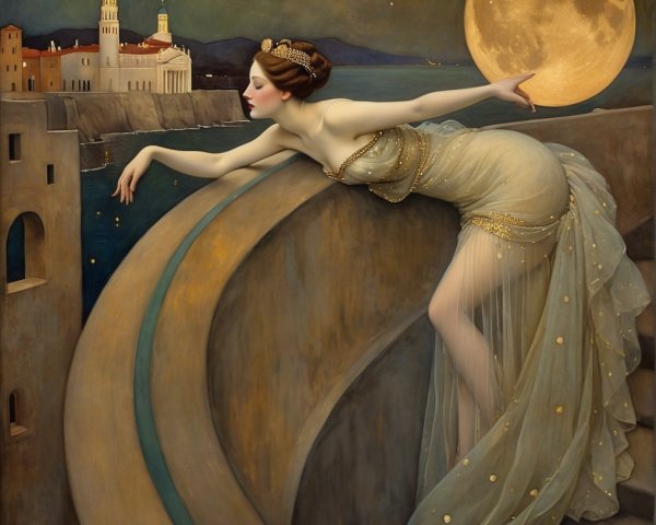 Elegant Woman Reaching for Moon Over Coastal Town