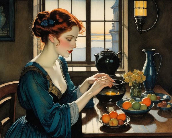 Young Woman in Blue Dress Contemplating in Sunlit Room