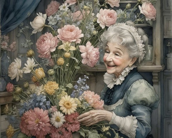 Elderly Woman Arranging Flowers in Vintage Room
