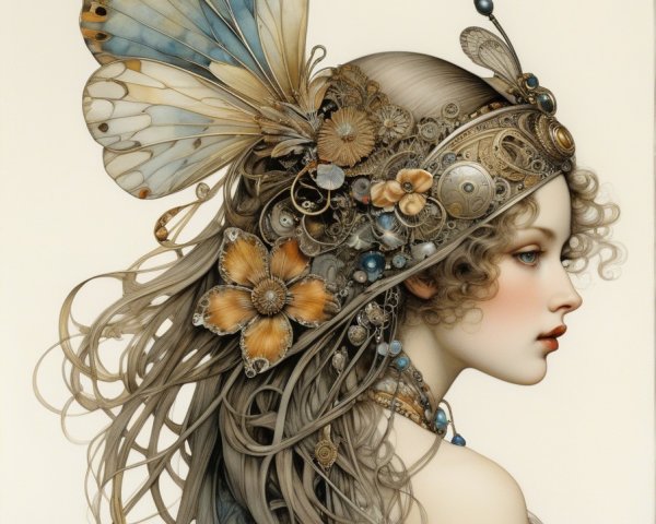 Portrait of a Woman with Intricate Hair and Butterfly