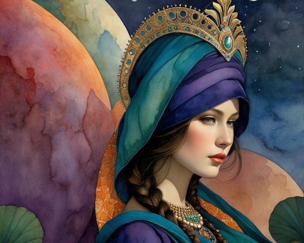 Serene Woman in Flowing Garments with Celestial Background