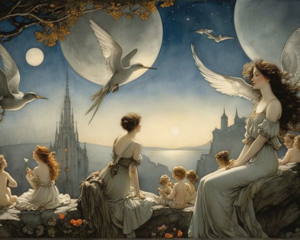 Ethereal Women and Children in a Dreamlike Landscape