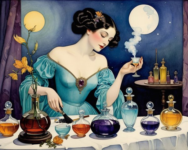 Glamorous Woman Mixing Potions in Mystical Setting