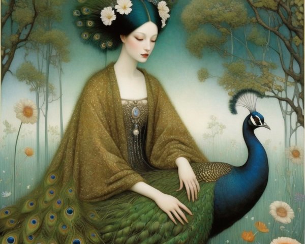Illustration of woman with peacock features in flower-filled field