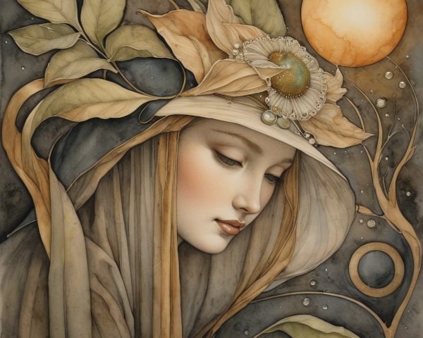 Serene Woman with Autumn Leaves and Ethereal Elements