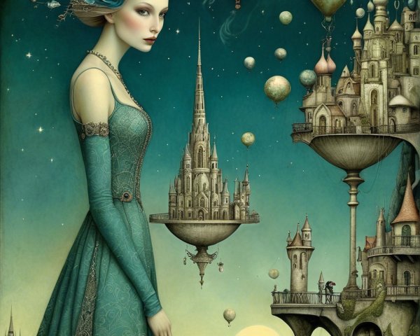 Woman in Teal Dress Against Dreamy Night Sky