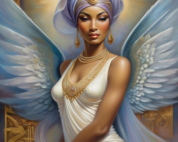 Ethereal Woman with Angelic Wings and White Garment