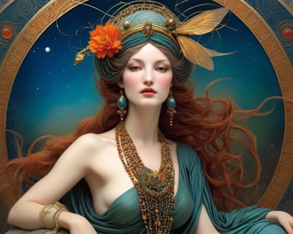 Stunning woman with red hair in teal garment and jewelry
