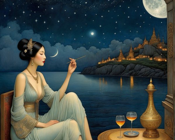 Serene Woman by Water Under Starry Night Sky