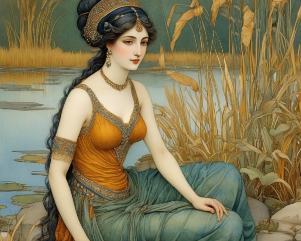 Painting of a woman in classical attire by water