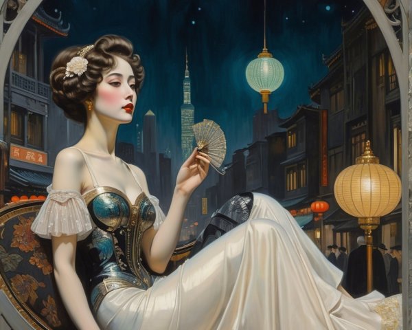 Serene Woman in White Gown with Dragonfly in Frame