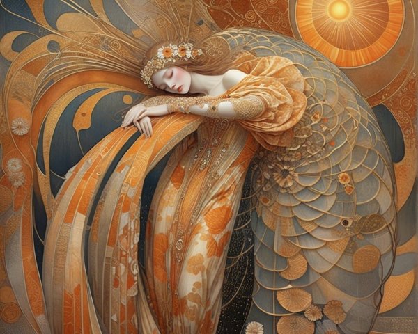 Serene figure in ornate garments with floral accents