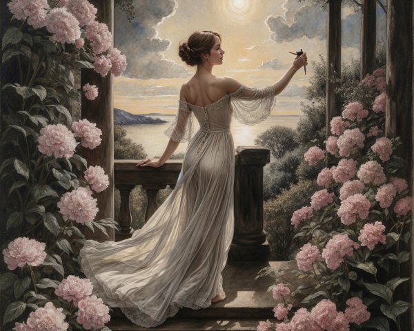Woman in White Gown on Balcony with Hydrangeas