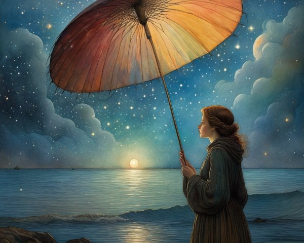 Woman with umbrella by sea under starry sky at sunrise/sunset