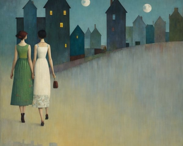 Women in Dresses Walking Towards Abstract Landscape