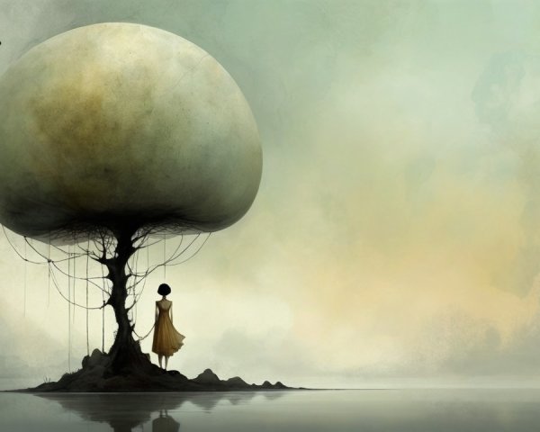 Surreal Landscape with Girl and Giant Mushroom Tree