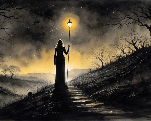 Mysterious Figure on a Lantern-Lit Winding Path
