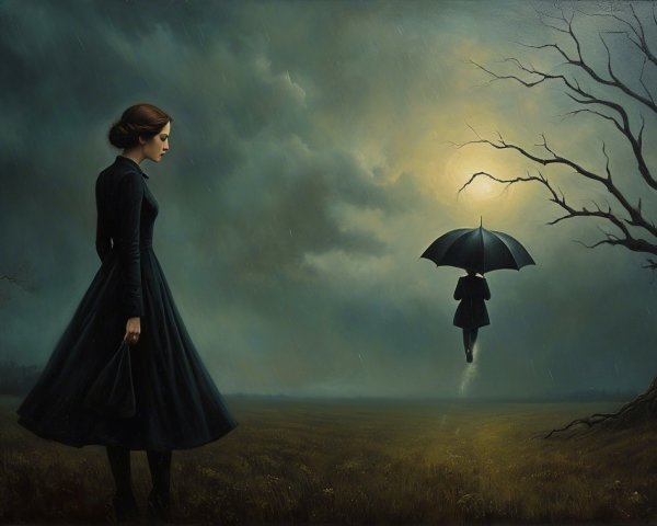 Somber Landscape with Woman in Black Dress and Umbrella