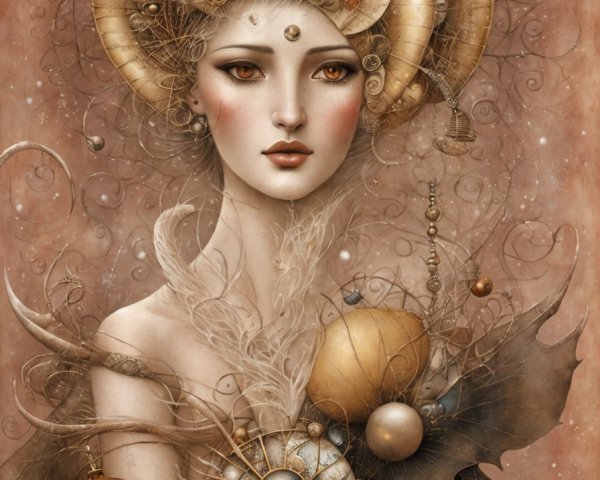 Fantasy illustration of pale-skinned woman with ornate headdress and chest piece