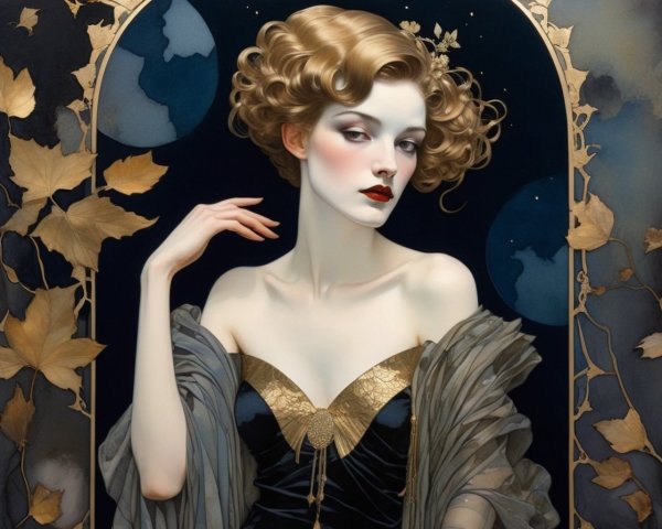 Illustrated Portrait of a Woman with Curly Hair and Leaves