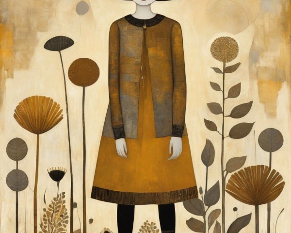 Stylized painting of girl in large hat and yellow dress among whimsical plants
