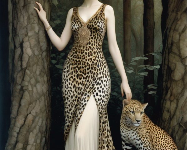 Woman in leopard print gown with cheetah in forest scene