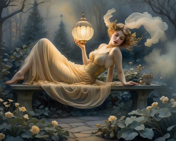 Moonlit Forest with Ethereal Woman in Golden Gown