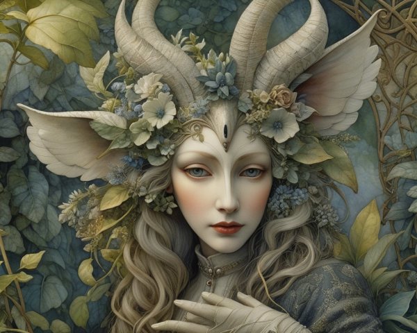 Fantastical figure with floral crown and decorative horns