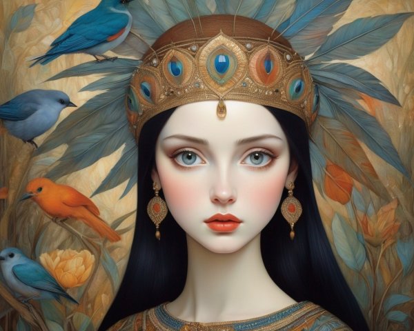 Portrait of a Young Woman with Golden Crown and Birds