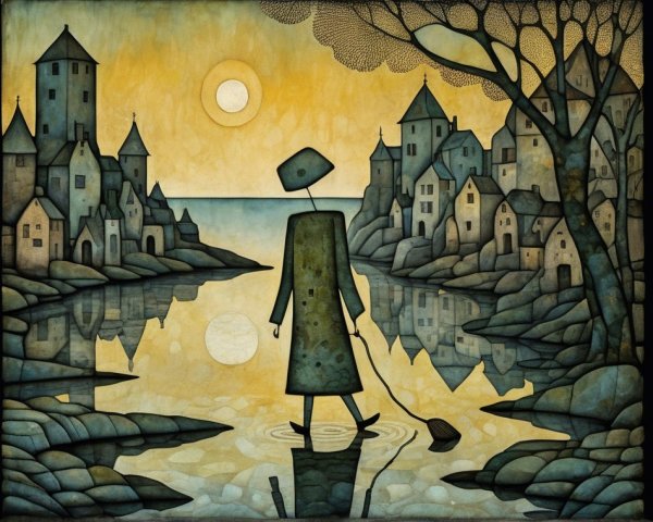 Serene landscape with figure in shallow water and houses