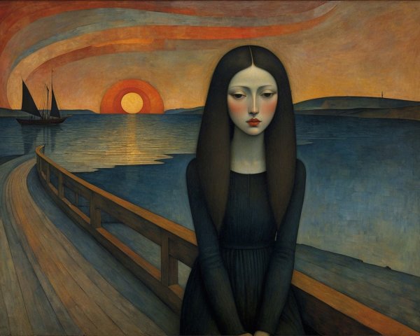 Art Nouveau Portrait of Woman in Indigo Gown by Bay