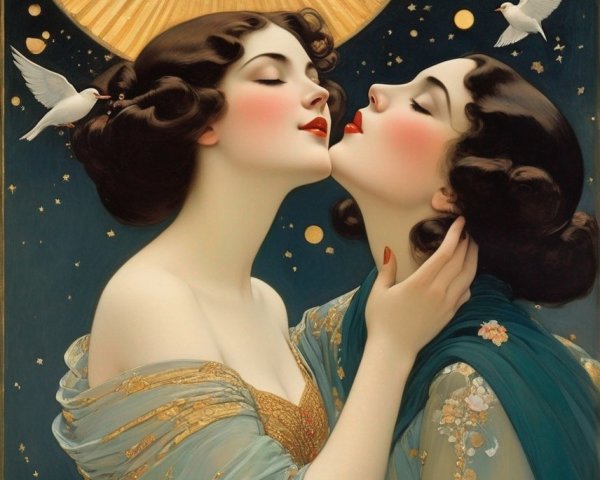 Elegant Women in Ornate Garments Under Golden Sun