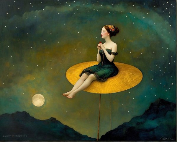 Whimsical Scene of Woman on Golden Parasol at Night