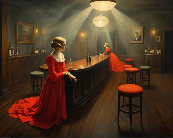 Elegant Women in Red Gowns in Dimly Lit Bar