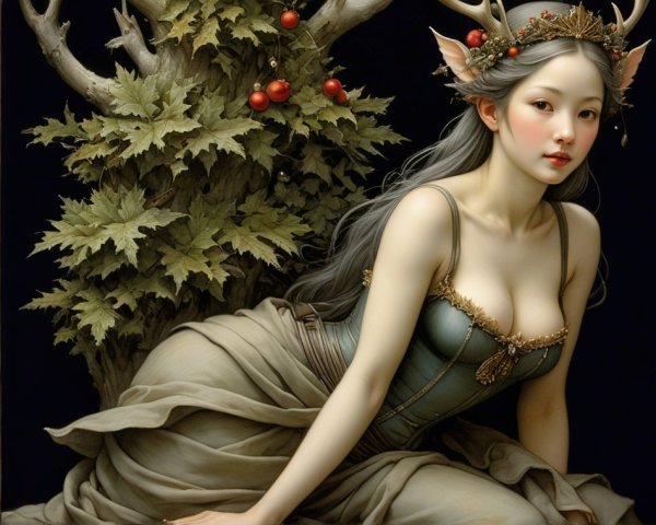 Mystical figure in flowing gown amidst lush greenery