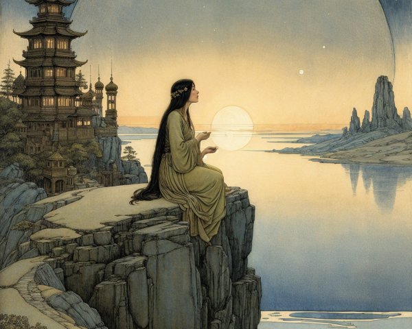 Woman in yellow gown by a moonlit pagoda scene
