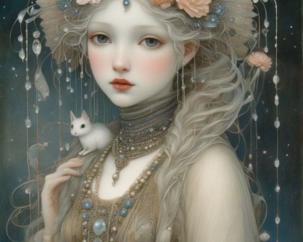 Pale woman in vintage bejeweled attire holding white fox with flowers and pearls